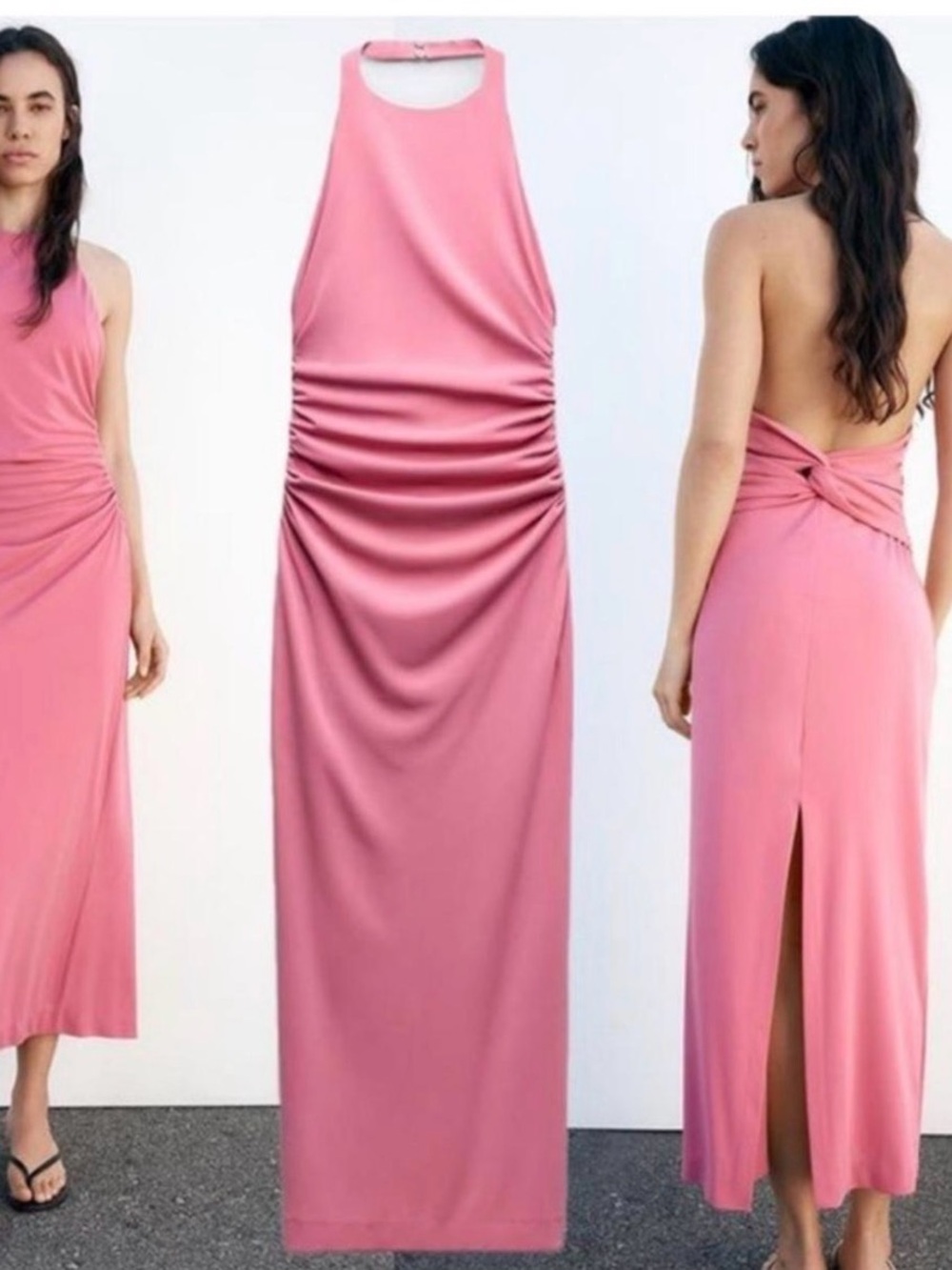 Zara Pink Backless Halter Ruched Maxi Dress